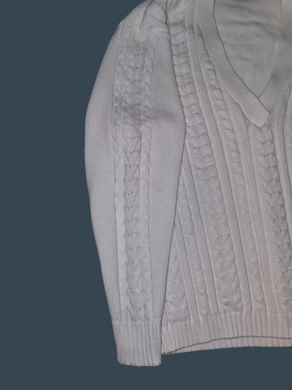 Lizsport White Cotton Cable Knit V-Neck Sweater Women's M READ - Picture 3 of 8